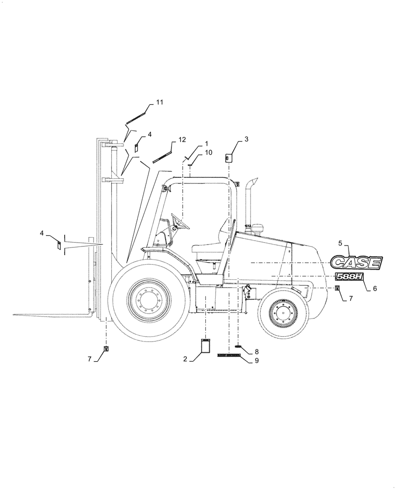 Схема запчастей Case 588H - (90.108.AB[01]) - VAR - 423030, 423031, 423032, 745107, 745108, 745109, 745110, 745111, 745112, 745113, 745114, 745115, 745116, 745117 - DECAL, EXTERNAL (90) - PLATFORM, CAB, BODYWORK AND DECALS