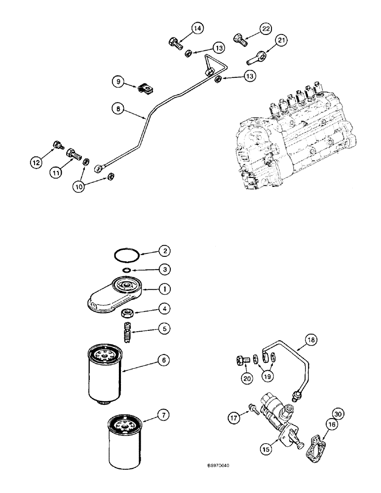 Схема запчастей Case 9040B - (3-18) - FUEL FILTER AND TRANSFER PUMP, 6T-830 ENGINE, PRIOR TO P.I.N. DAC04#2001 AND AFTER (03) - FUEL SYSTEM