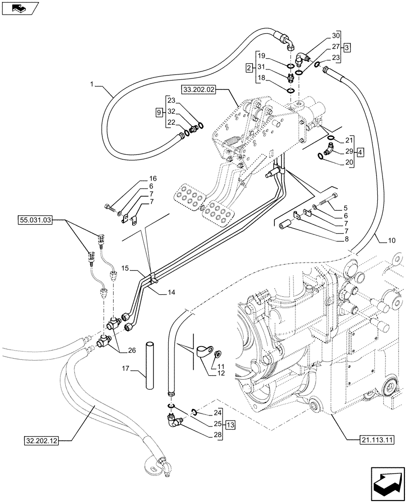 Схема запчастей Case 590SN - (33.202.04) - BRAKE LINE, PEDAL (33) - BRAKES & CONTROLS