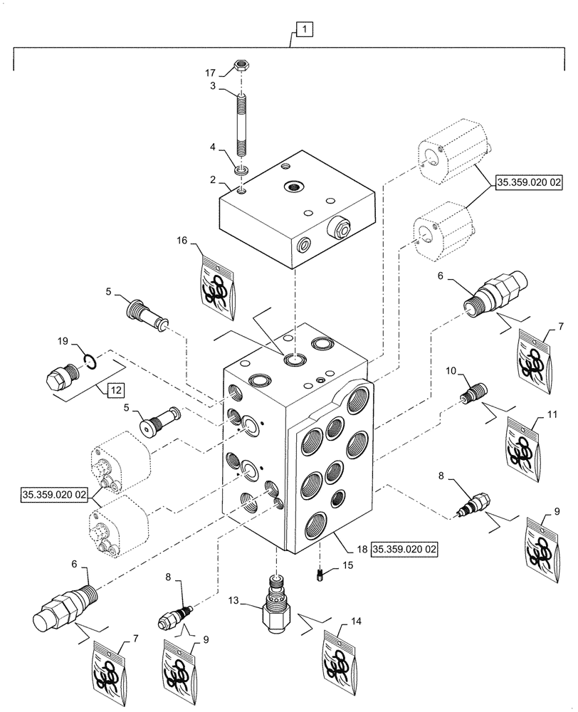 Схема запчастей Case 621G - (35.359.020[01]) - VAR - 734051, 734052 - CONTROL VALVE ASSY - 2 SPOOL, XT (35) - HYDRAULIC SYSTEMS