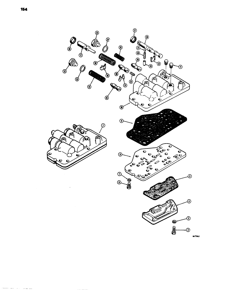 Схема запчастей Case 680E - (154) - TRANSMISSION, FORWARD AND REVERSE CONTROL VALVE, BEFORE TRANSMISSION S/N 75001 (21) - TRANSMISSION