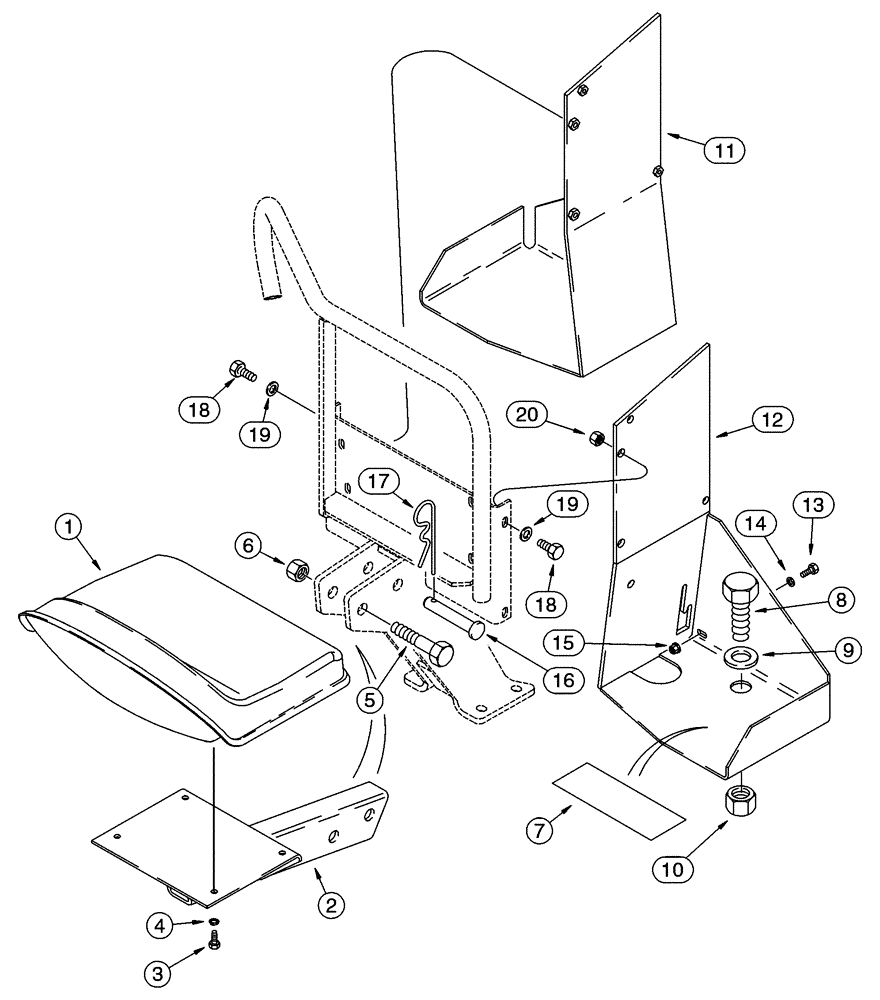 Схема запчастей Case 85XT - (09-54) - BACKHOE SEAT AND FOOT SHIELDS NORTH AMERICA, D125 BACKHOE (09) - CHASSIS