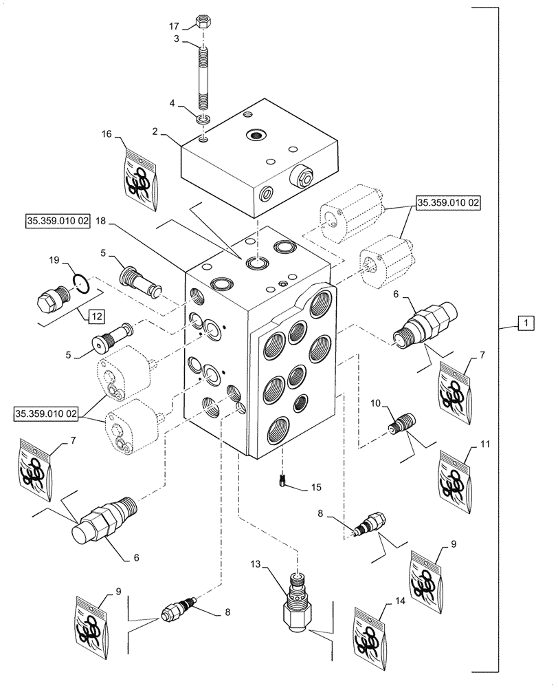 Схема запчастей Case 621G - (35.359.010[01]) - VAR - 734051, 734052 - CONTROL VALVE ASSY - 2 SPOOL, Z-BAR / XR / LR (35) - HYDRAULIC SYSTEMS