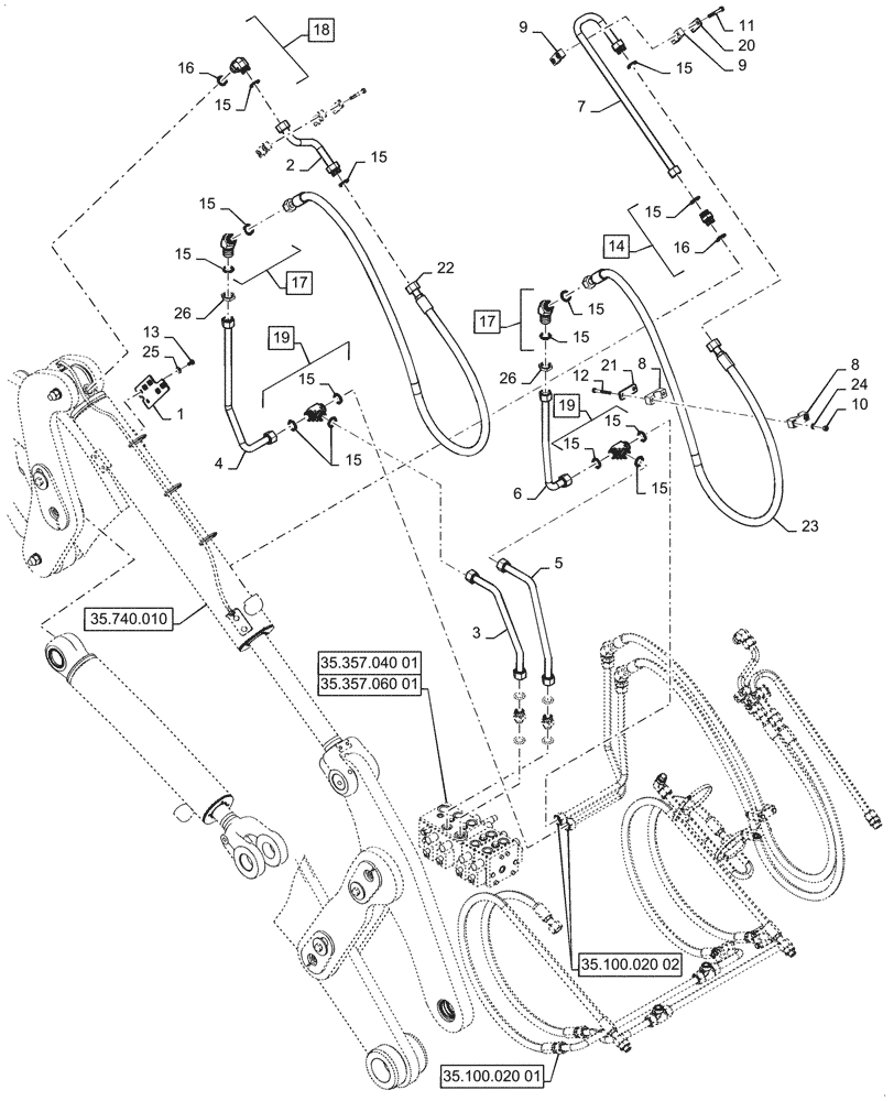 Схема запчастей Case 621G - (35.100.020[03]) - TILT CYLINDER LINES AND FITTINGS, XT/TC RIGHT SIDE (35) - HYDRAULIC SYSTEMS