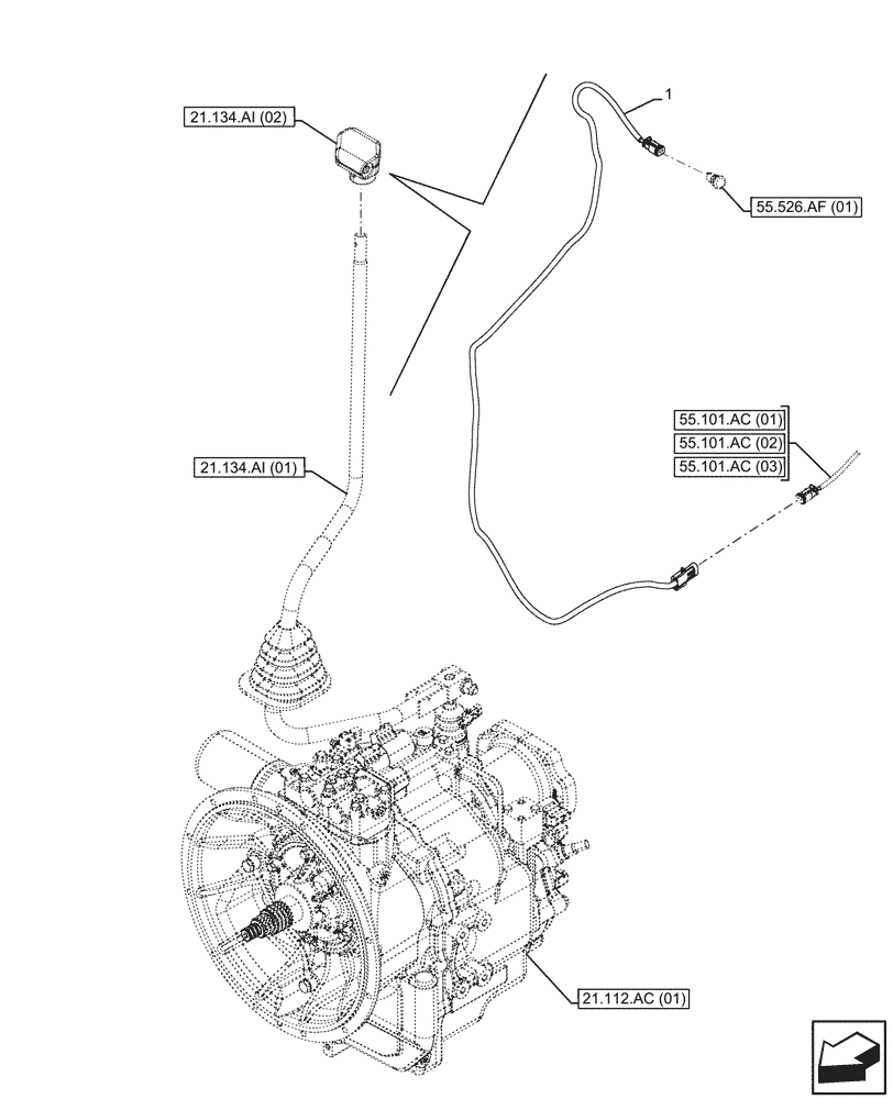 Схема запчастей Case 580SN - (55.526.AG[01]) - TRANSMISSION, POWERSHUTTLE, RIDE CONTROL, HARNESS (55) - ELECTRICAL SYSTEMS