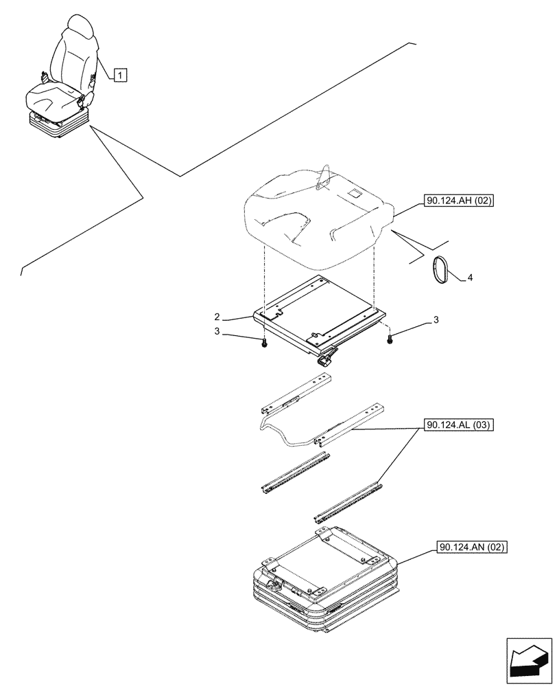 Схема запчастей Case CX130D - (90.124.AO) - VAR - 488035 - SEAT, AIR SUSPENSION, HANDLE (90) - PLATFORM, CAB, BODYWORK AND DECALS