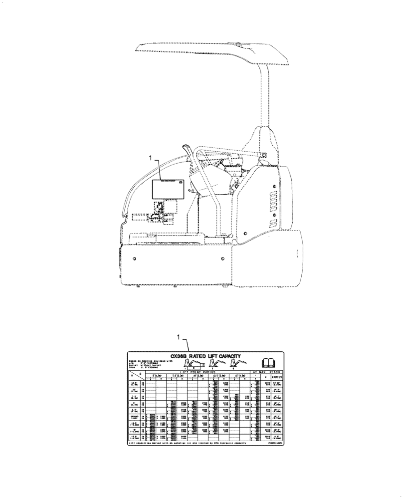 Схема запчастей Case CX36B - (90.108.AC[16]) - NAMEPLATE, LIFT CHART, CANOPY - ASN PX17-40002 (90) - PLATFORM, CAB, BODYWORK AND DECALS