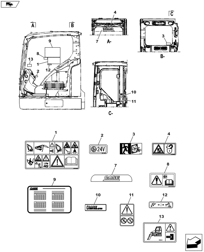 Схема запчастей Case CX235C SR - (90.108.02) - DECALS, CAB (ANZ) (90) - PLATFORM, CAB, BODYWORK AND DECALS