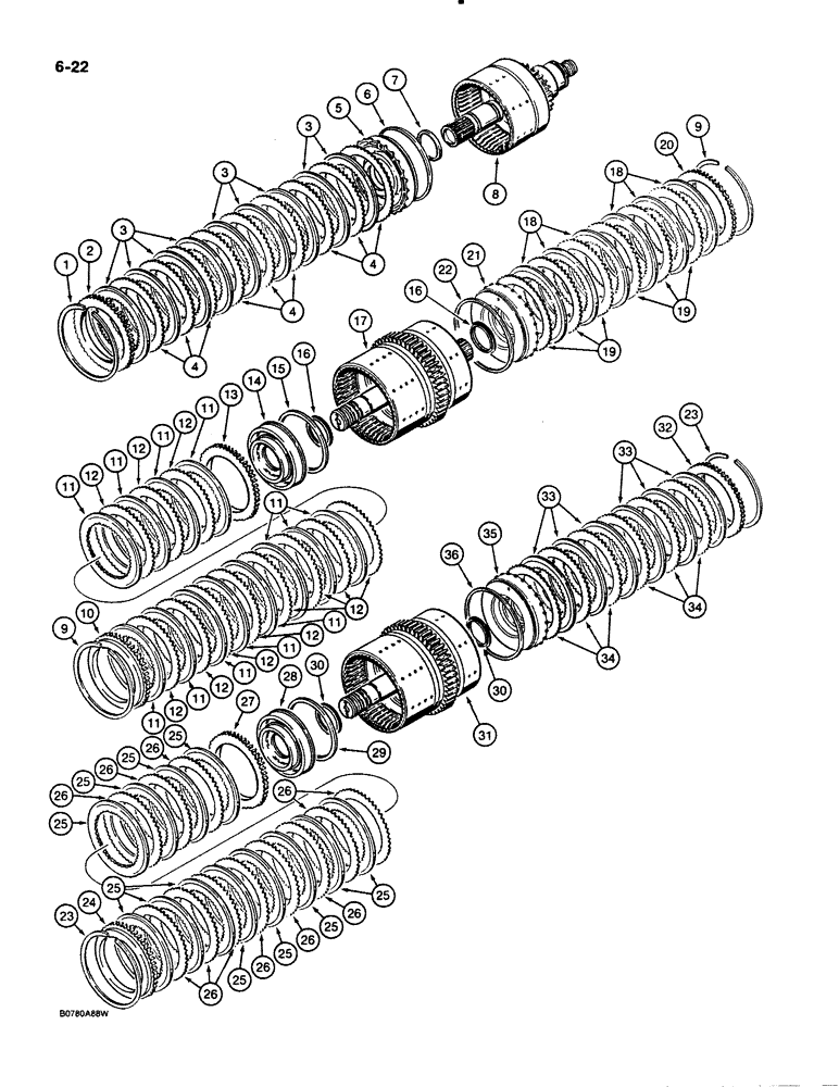 Схема запчастей Case 621 - (6-022) - TRANSMISSION ASSEMBLY, CLUTCHES, PRIOR TO P.I.N. JAK0020901 (06) - POWER TRAIN