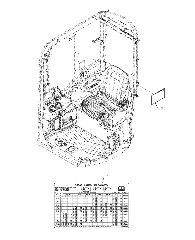 Схема запчастей Case CX36B - (90.108.AC[16]) - NAMEPLATE, LIFT CHART, CAB - ASN PX17-40002 (90) - PLATFORM, CAB, BODYWORK AND DECALS