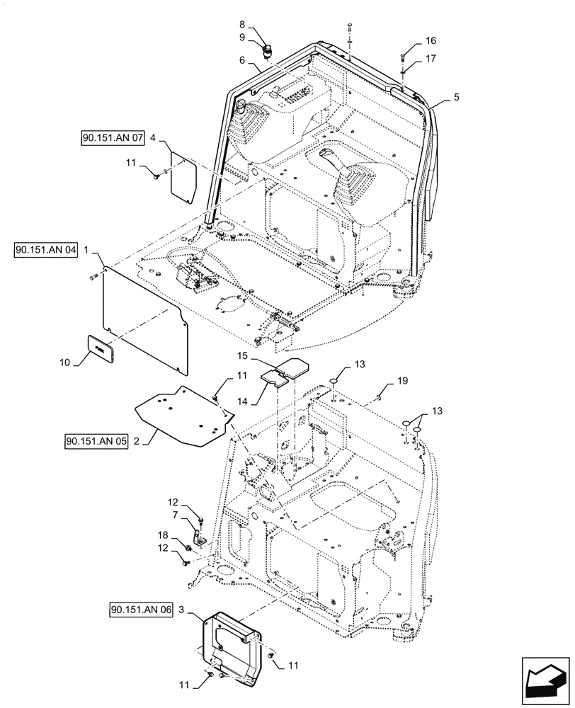 Схема запчастей Case CX36B - (90.151.AN[01]) - CONTROL, OPERATORS-CAB (90) - PLATFORM, CAB, BODYWORK AND DECALS