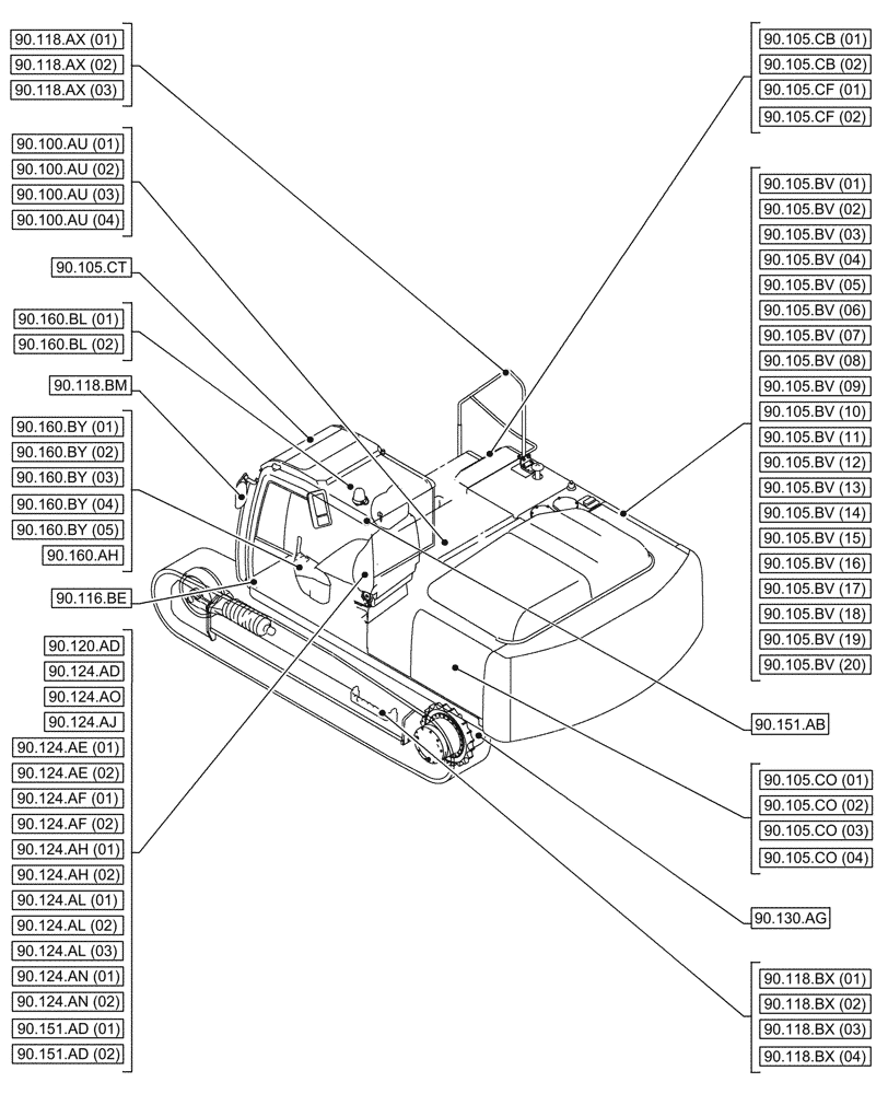 Схема запчастей Case CX250D LC LR - (90.000.00[01]) - SECTION INDEX - PLATFORM, CAB, BODYWORK & DECALS (90) - PLATFORM, CAB, BODYWORK AND DECALS