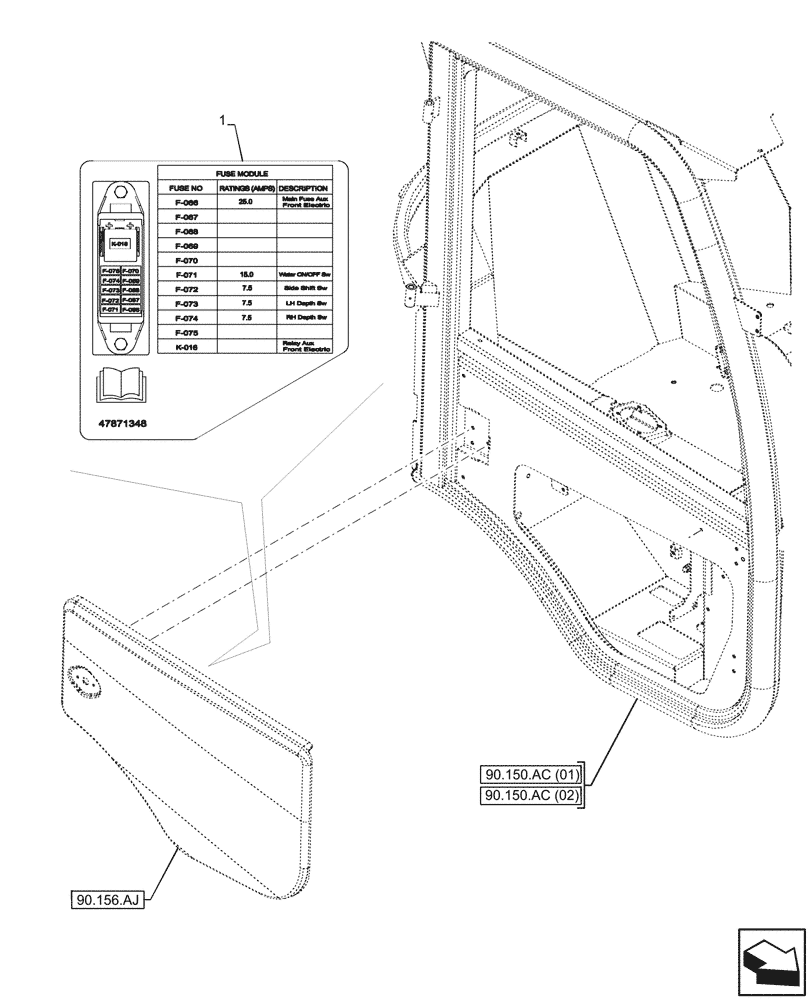 Схема запчастей Case 121F - (90.108.AC[38]) - VAR - 732005, 732006, 734588, 734651, 734652 - DECALS, FUSE, RELAY (90) - PLATFORM, CAB, BODYWORK AND DECALS