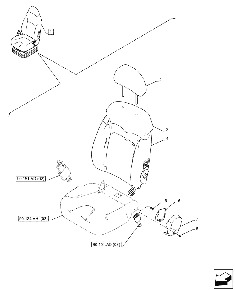 Схема запчастей Case CX350D LC - (90.124.AF[02]) - VAR - 488035 - SEAT BACK (90) - PLATFORM, CAB, BODYWORK AND DECALS