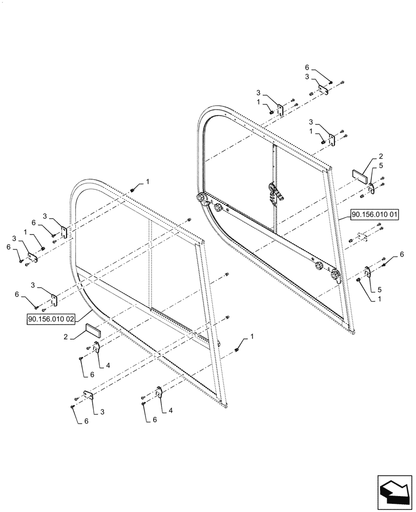 Схема запчастей Case SR270 - (90.156.010) - SIDE WINDOW ASSY (90) - PLATFORM, CAB, BODYWORK AND DECALS