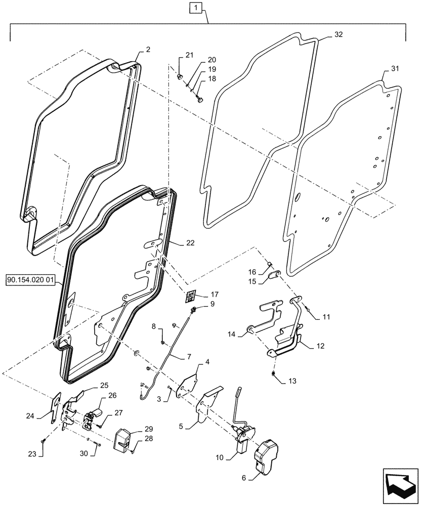 Схема запчастей Case TR340 - (90.154.030[01]) - GLASS DOOR, ASSY (90) - PLATFORM, CAB, BODYWORK AND DECALS