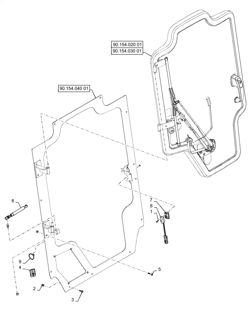 Схема запчастей Case SR270 - (90.154.010[01]) - GLASS DOOR, MOUNTING (90) - PLATFORM, CAB, BODYWORK AND DECALS