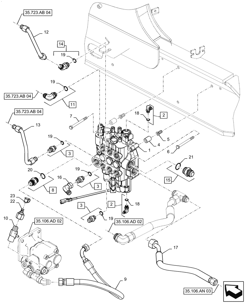 Схема запчастей Case 570N EP - (35.359.AB[02]) - VAR - 745163, 747892 - LOADER CONTROL VALVE, 3 SPOOL (35) - HYDRAULIC SYSTEMS