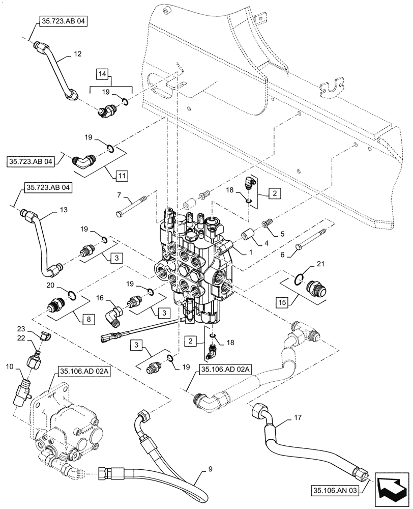 Схема запчастей Case 570N EP - (35.359.AB[02a]) - VAR - 745163, 747892 - LOADER CONTROL VALVE, 3 SPOOL - W/SHIMADZU PUMP - START APR 2016 (35) - HYDRAULIC SYSTEMS