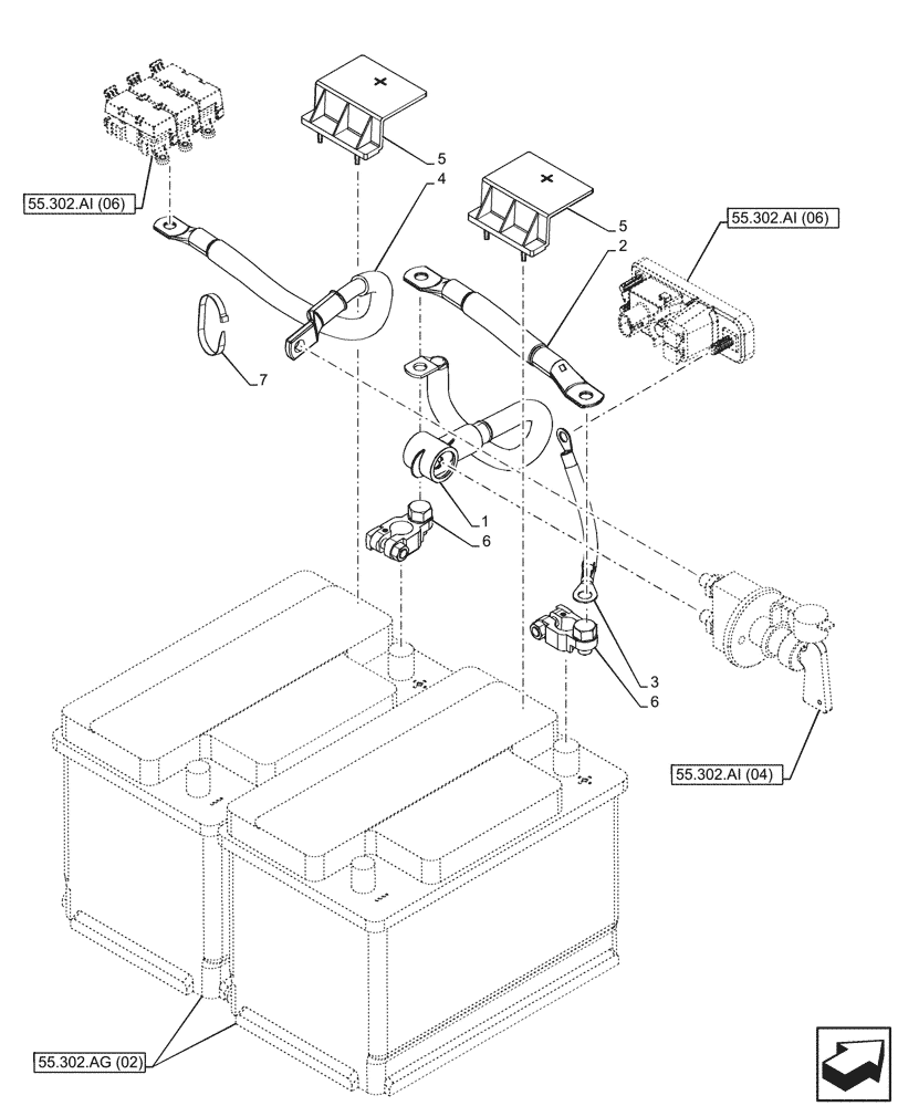 Схема запчастей Case 121F - (55.302.AI[05]) - VAR - 734575, 734653, 734654 - BATTERY CABLE (55) - ELECTRICAL SYSTEMS