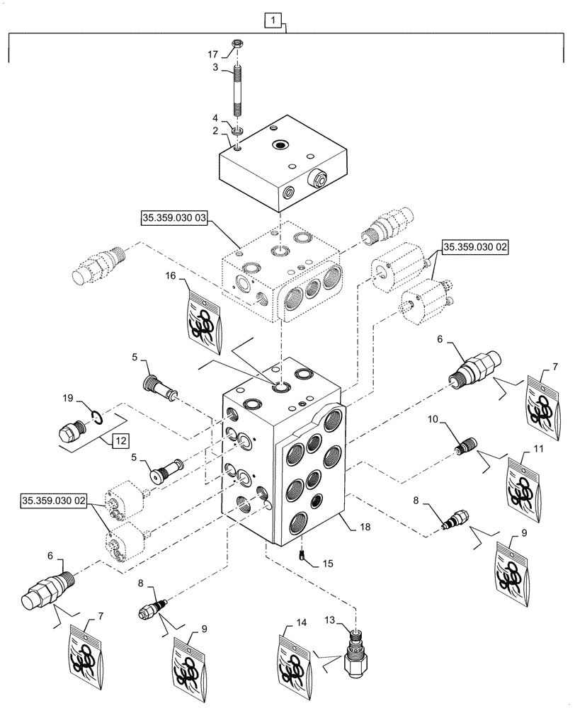 Схема запчастей Case 621G - (35.359.030[01]) - VAR - 734053, 734054 - CONTROL VALVE ASSY - 3 SPOOL, XT / TC (35) - HYDRAULIC SYSTEMS