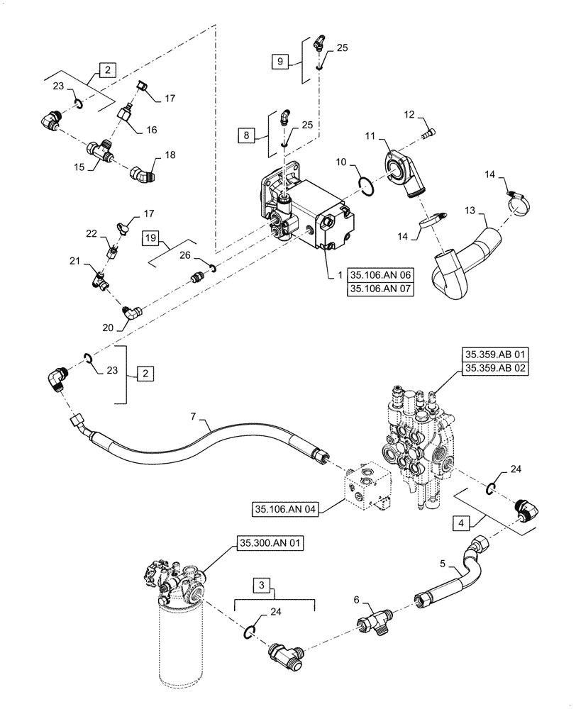 Схема запчастей Case 570N EP - (35.104.AA[02]) - VAR - 745437 - SHIMADZU PTO PUMP & HYDRAULIC LINES (35) - HYDRAULIC SYSTEMS