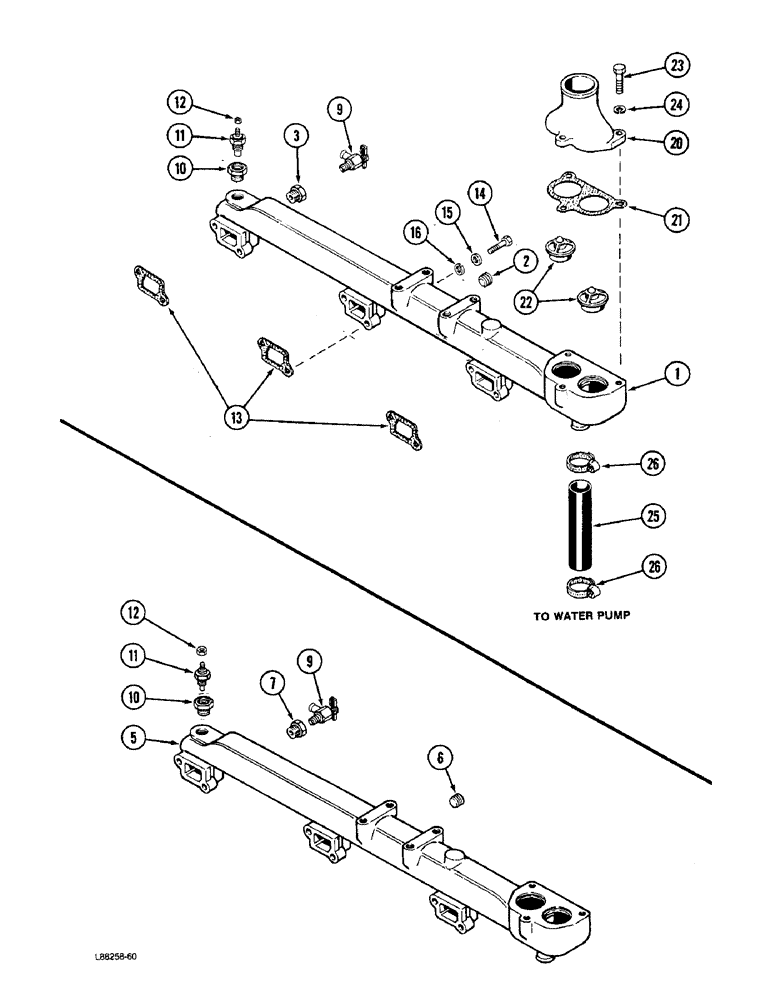 Схема запчастей Case W36 - (2-10) - WATER MANIFOLD AND THERMOSTAT, 504BDTI ENGINE (02) - ENGINE