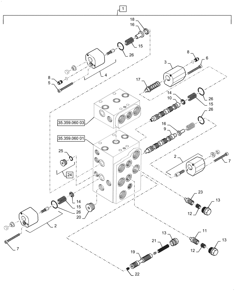 Схема запчастей Case 621G - (35.359.060[02]) - VAR - 734055 - CONTROL VALVE ASSY - 4 SPOOL, XT / TC (35) - HYDRAULIC SYSTEMS