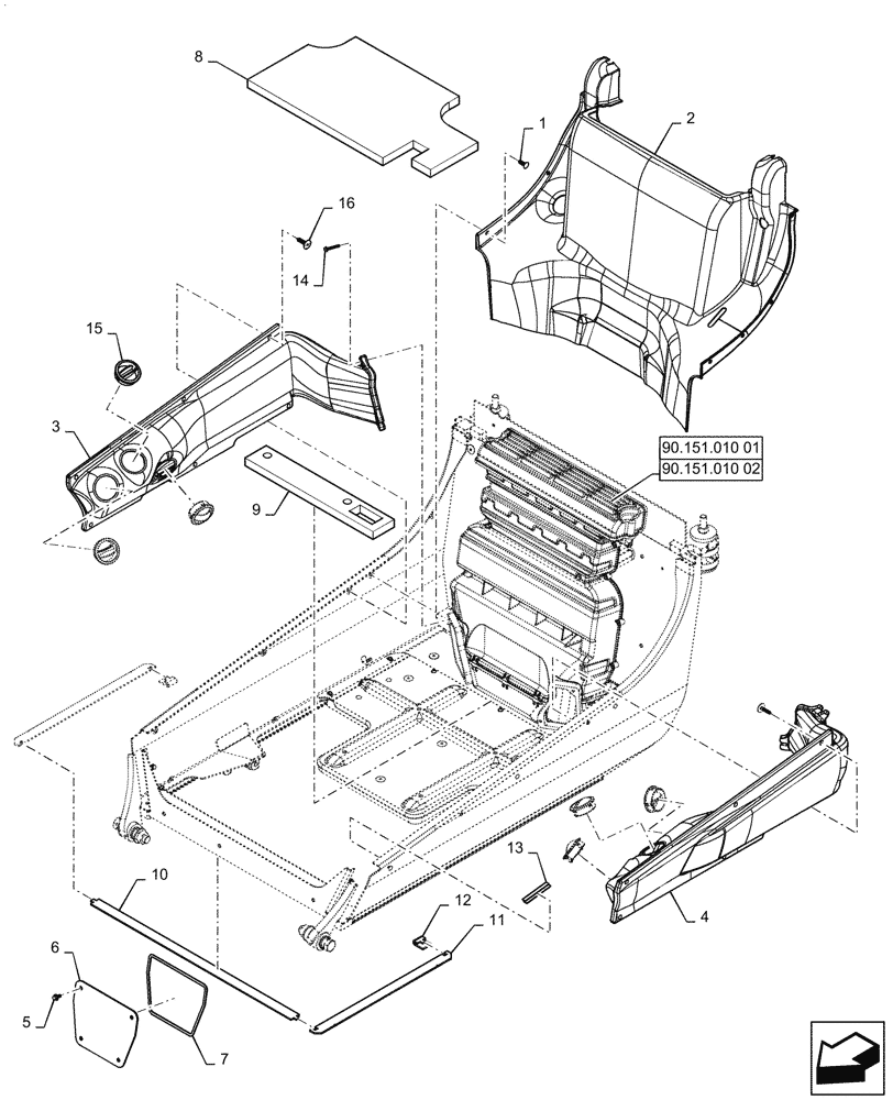 Схема запчастей Case SR270 - (90.160.020[02]) - ENCLOSED CAB INTERIOR TRIM (90) - PLATFORM, CAB, BODYWORK AND DECALS