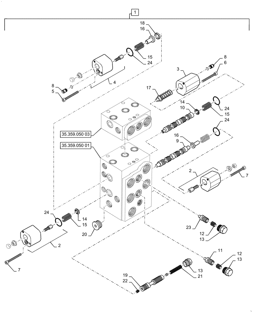 Схема запчастей Case 621G - (35.359.050[02]) - VAR - 734055 - CONTROL VALVE ASSY - 4 SPOOL, Z-BAR / XR / LR (35) - HYDRAULIC SYSTEMS