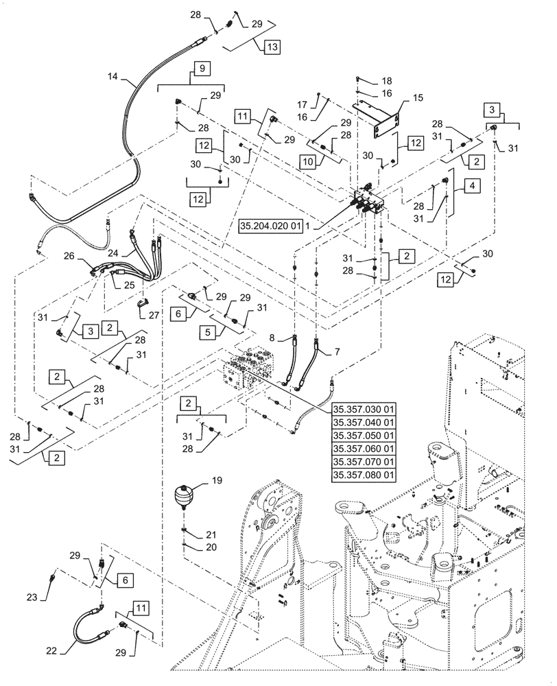 Схема запчастей Case 621G - (35.480.020[01]) - VAR - 734053, 734054 - CONTROL VALVE LINE - 3 SPOOL, EH (35) - HYDRAULIC SYSTEMS