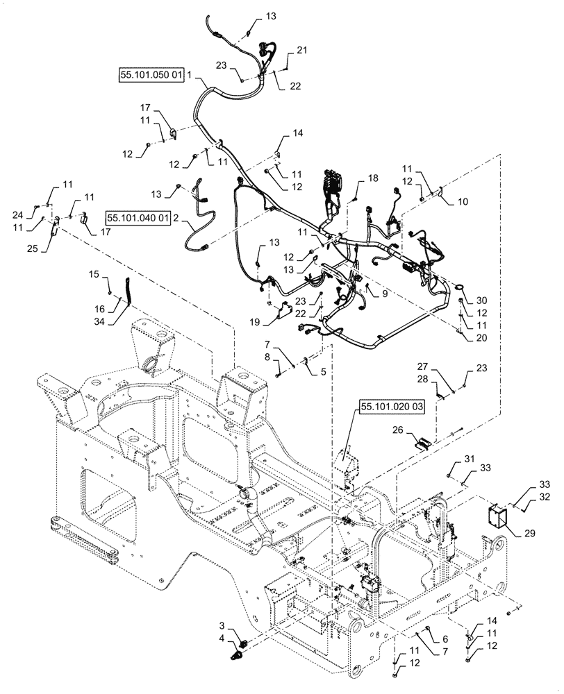 Схема запчастей Case 621G - (55.101.020[01]) - ENGINE AND REAR CHASSIS HARNESS INSTALLATION (55) - ELECTRICAL SYSTEMS