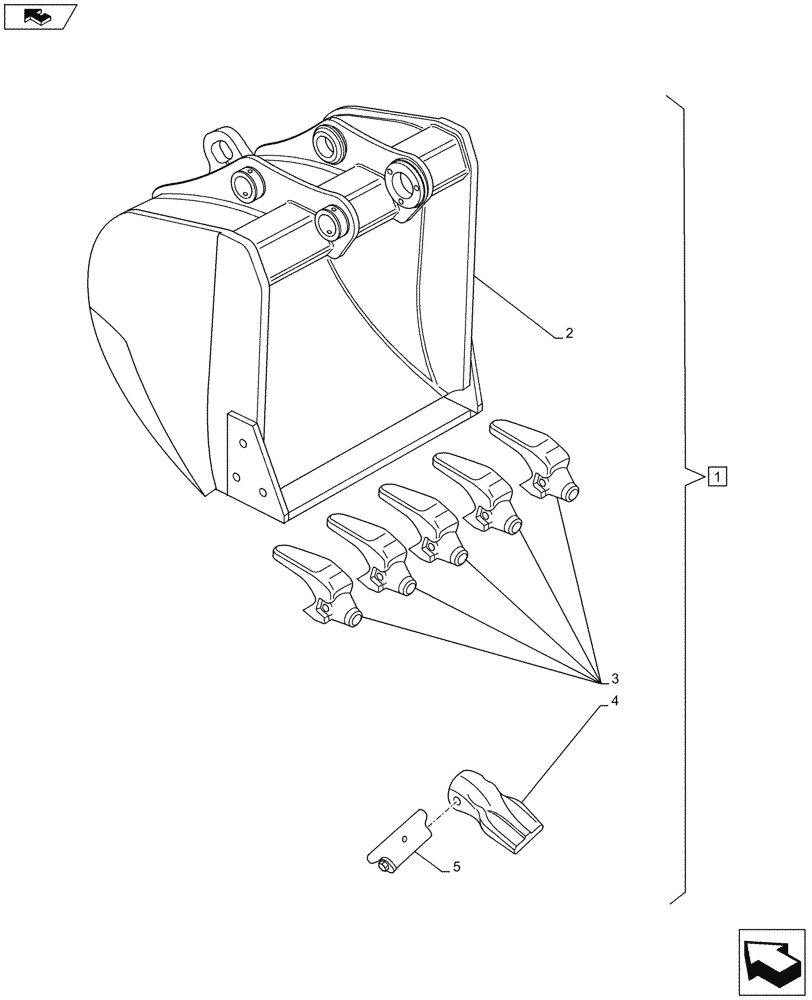 Схема запчастей Case CX130B - (09-86) - BUCKETS (L=1069MM), 5 TEETH (09) - CHASSIS/ATTACHMENTS