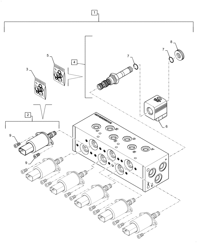 Схема запчастей Case 1021G - (35.204.020[01]) - VAR - 734053, 734054 - SOLENOID VALVE, ASSY - EH CONTROL, 3 FUNCTION (35) - HYDRAULIC SYSTEMS