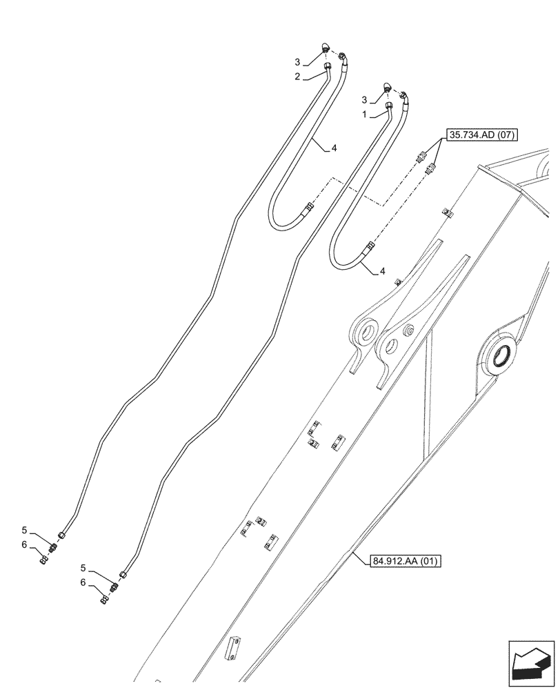 Схема запчастей Case CX250D LC - (35.734.AD[06]) - VAR - 781128 - QUICK COUPLER, HYDRAULIC LINE, ARM (L=3.5M) (35) - HYDRAULIC SYSTEMS
