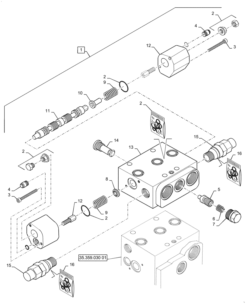 Схема запчастей Case 621G - (35.359.030[03]) - VAR - 734053, 734054 - CONTROL VALVE ASSY - 3 SPOOL, XT / TC (35) - HYDRAULIC SYSTEMS