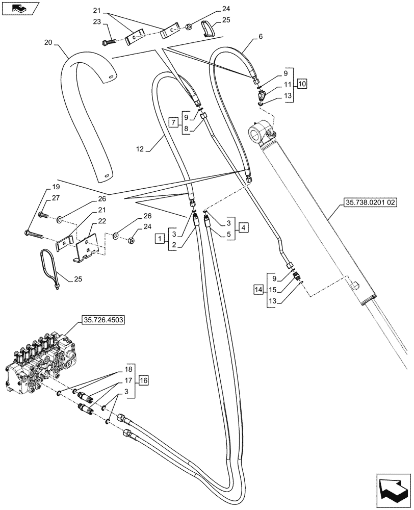 Схема запчастей Case 580SN WT - (35.738.0201[01]) - VAR - 423075 - BACKHOE BUCKET, STANDARD DIPPER, CYLINDER, LINES (35) - HYDRAULIC SYSTEMS