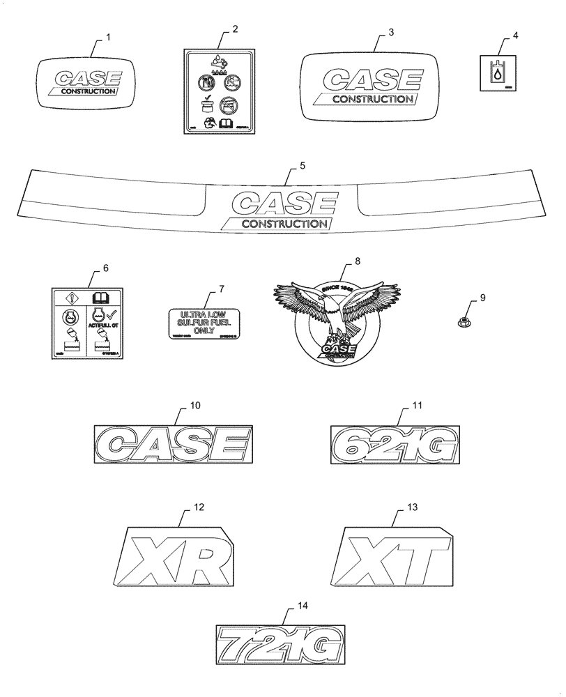 Схема запчастей Case 621G - (90.108.010[02]) - DECALS COMMON TO MODEL (90) - PLATFORM, CAB, BODYWORK AND DECALS