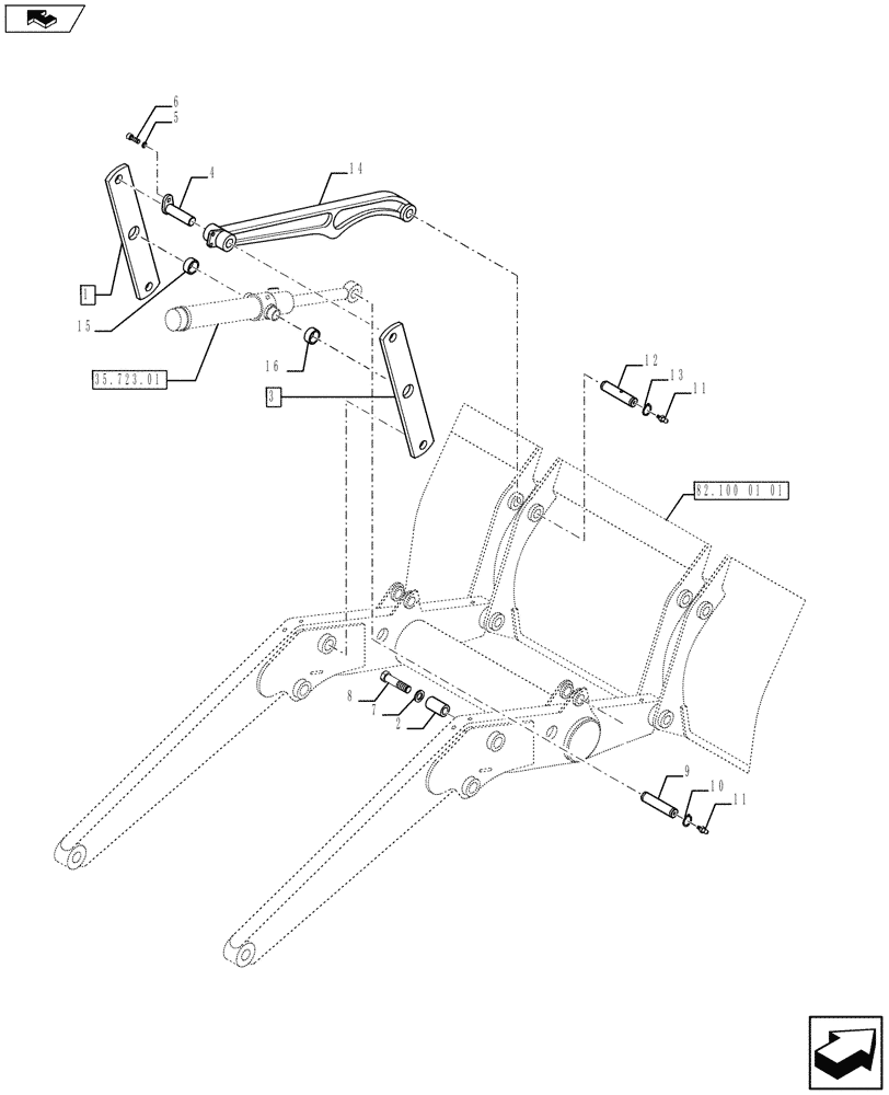 Схема запчастей Case 590SN - (82.100.01[02]) - LOADER BUCKET LINKAGE (82) - FRONT LOADER & BUCKET