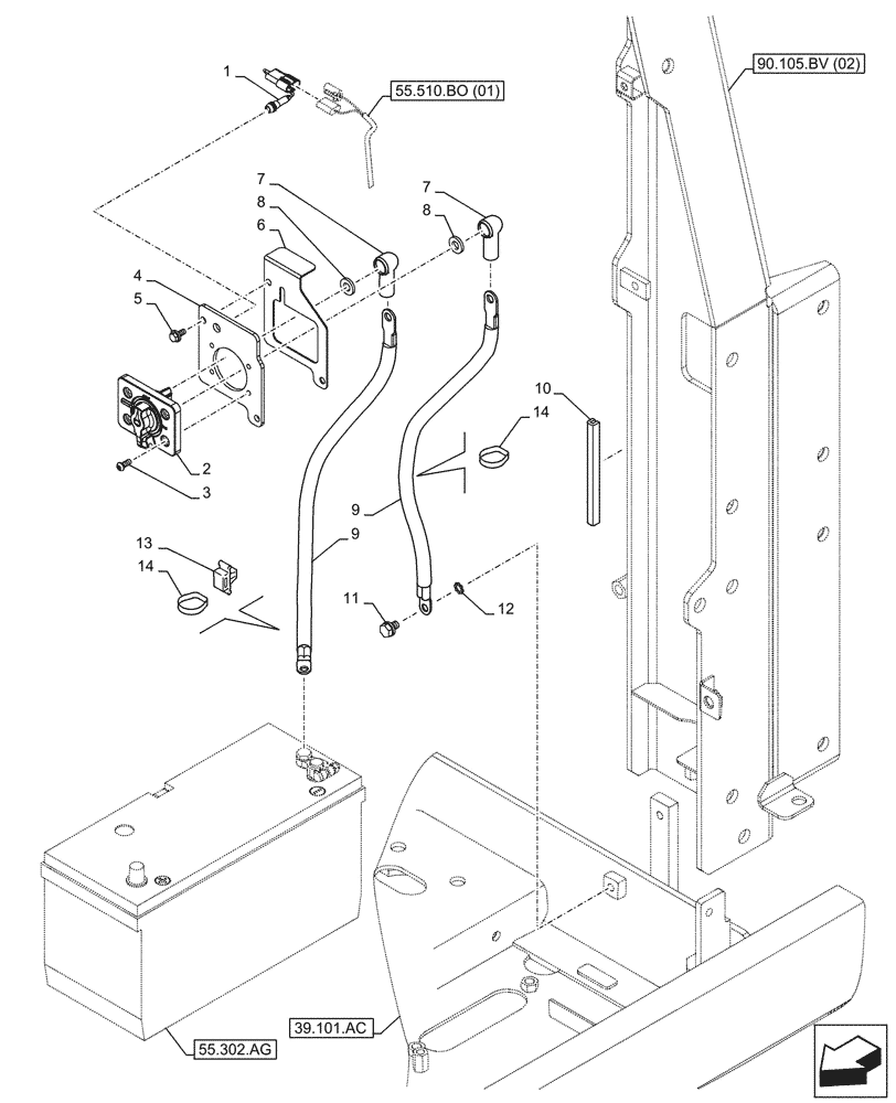 Схема запчастей Case CX250D LC - (55.302.AI[02]) - BATTERY ISOLATOR, SWITCH - ASN NGS7M1170 (55) - ELECTRICAL SYSTEMS