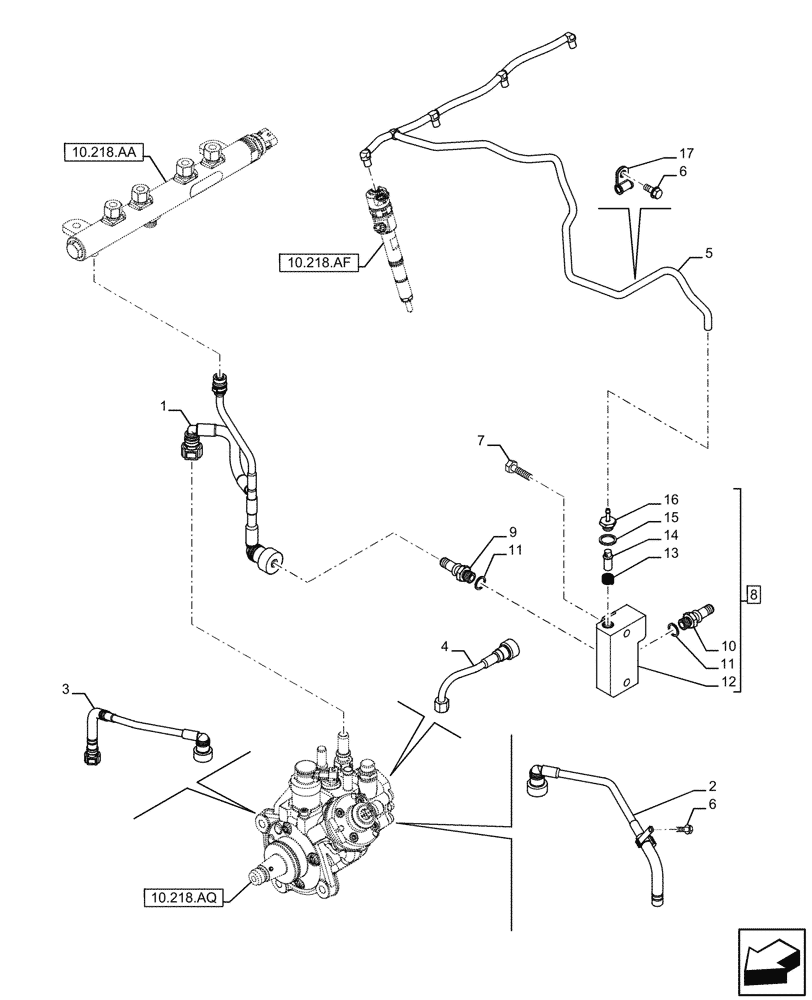 Схема запчастей Case F5HFL463A F012 - (10.218.AI) - FUEL LINES - FUEL INJECTION PUMP (10) - ENGINE