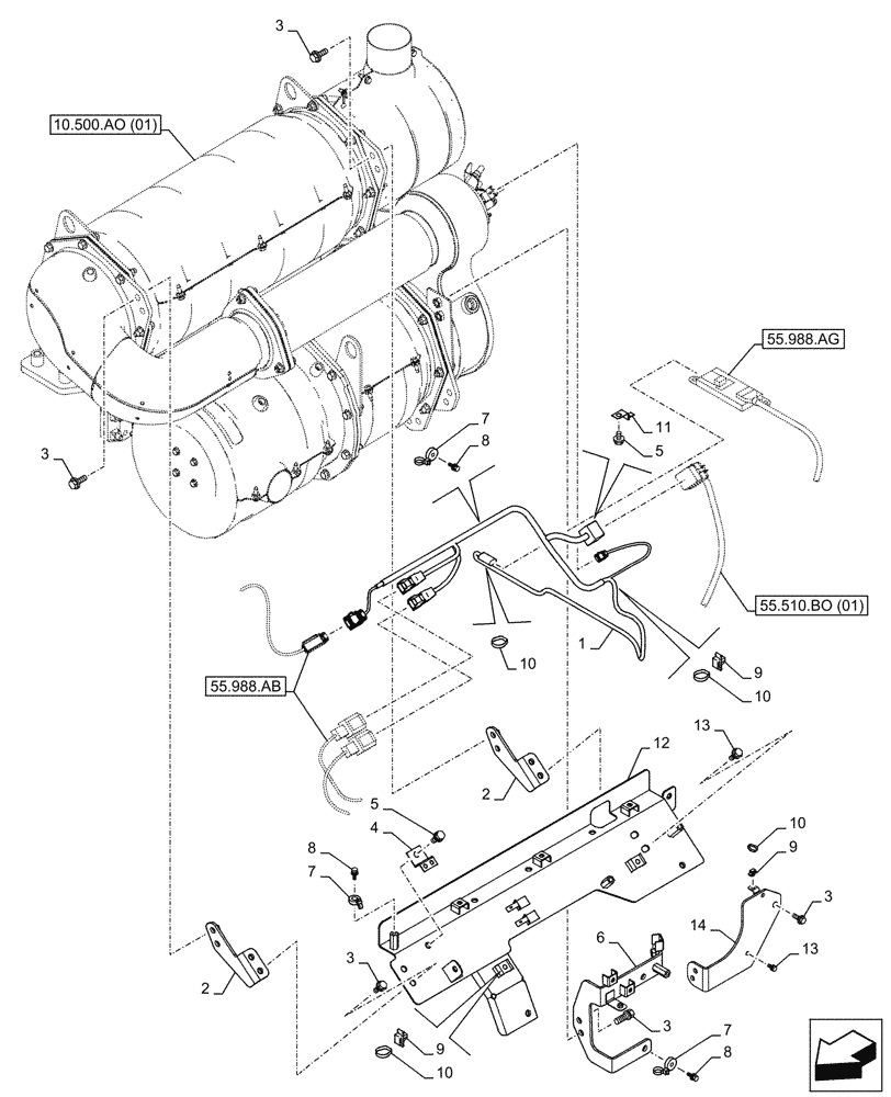 Схема запчастей Case CX250D LC - (55.510.BO[10]) - SELECTIVE CATALYTIC REDUCTION, MUFFLER, WIRE HARNESS - ASN NGS7M1170 (55) - ELECTRICAL SYSTEMS