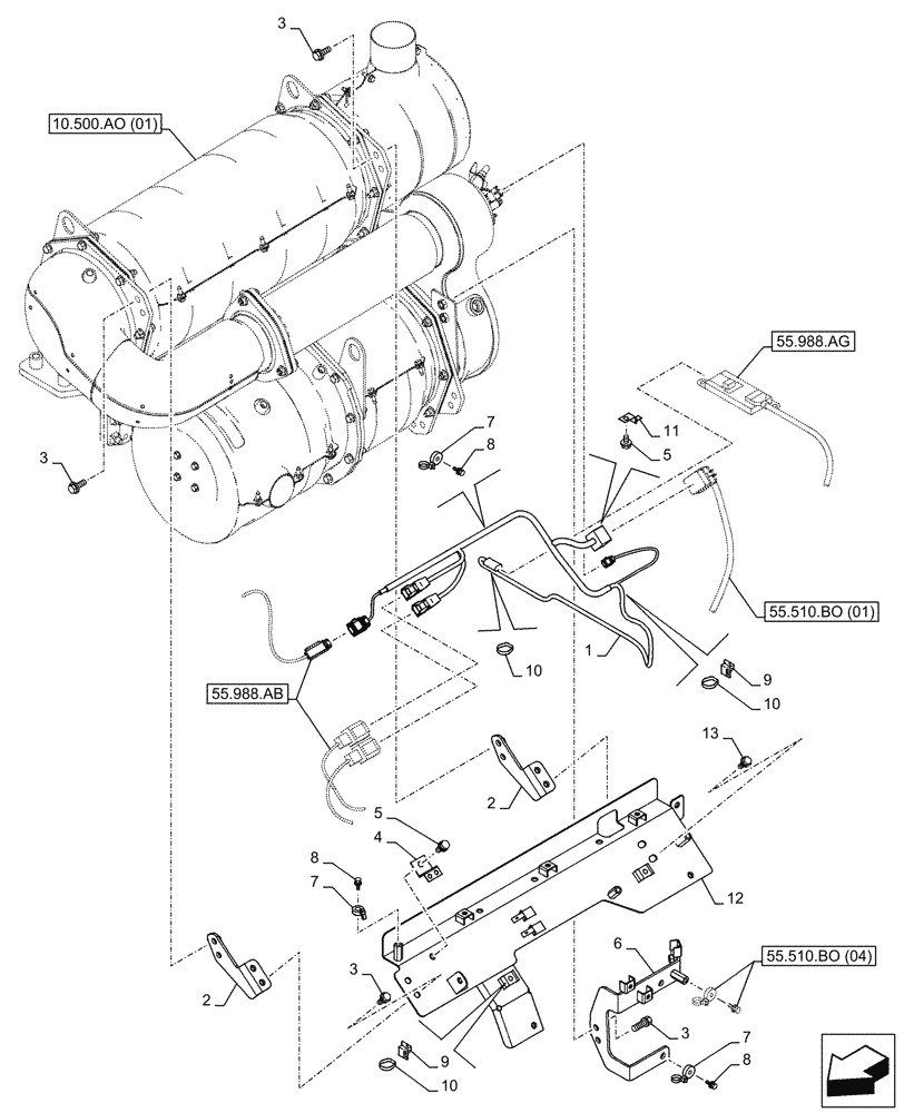 Схема запчастей Case CX250D LC - (55.510.BO[08]) - SELECTIVE CATALYTIC REDUCTION, MUFFLER, WIRE HARNESS - BSN NGS7M1169 (55) - ELECTRICAL SYSTEMS