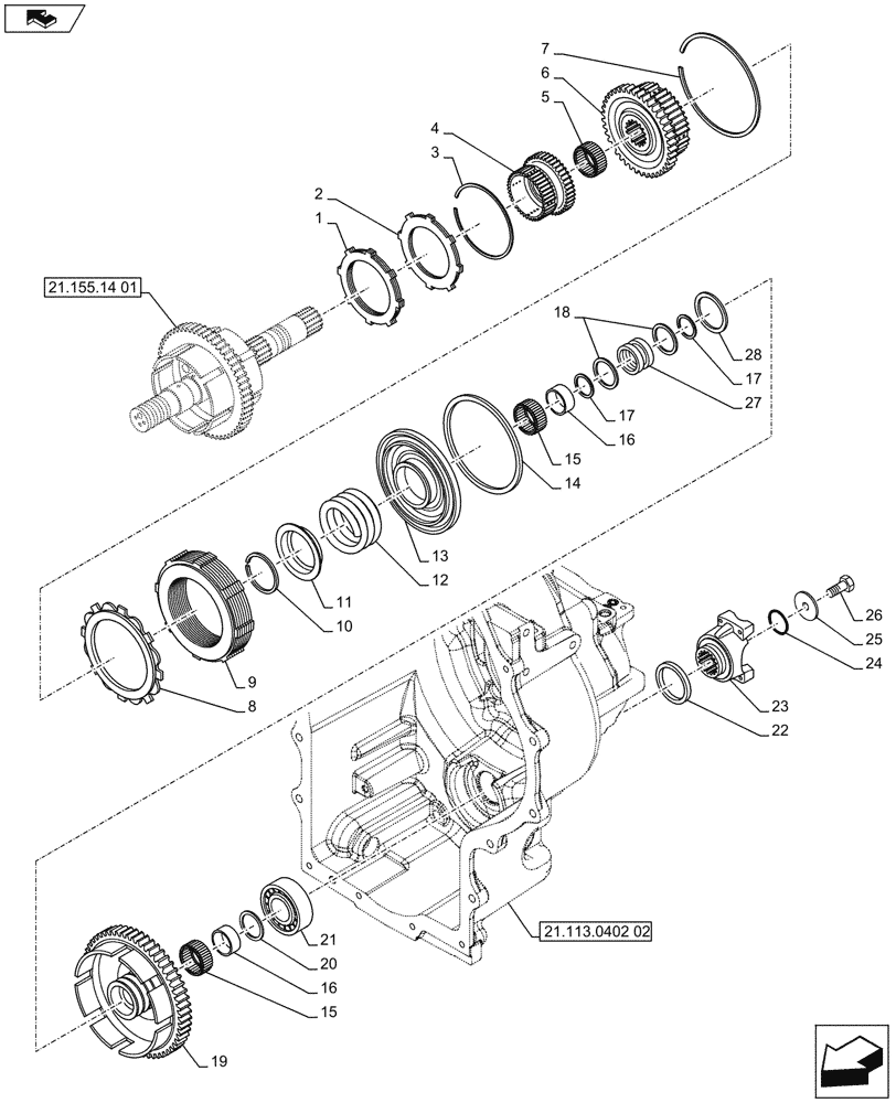 Схема запчастей Case 580SN WT - (21.155.14[02]) - VAR - 423062 - TRANSMISSION, POWERSHIFT, SECONDARY SHAFT (21) - TRANSMISSION