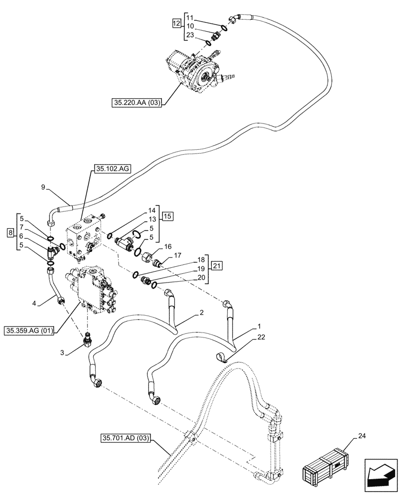 Схема запчастей Case 221F - (35.600.AF[08]) - VAR - 732003, 732004, 734585, 734591, 734649, 734650 - CONTROL VALVE, RETURN LINE (35) - HYDRAULIC SYSTEMS