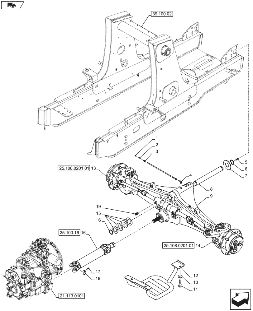 Схема запчастей Case 580SN WT - (25.100.0201) - AXLE, FRONT DRIVE - MOUNTING - 4WD (25) - FRONT AXLE SYSTEM