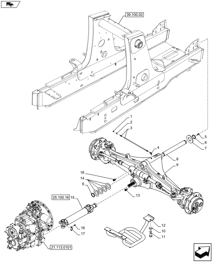 Схема запчастей Case 590SN - (25.100.0202) - AXLE SUPPORT, DRIVE SHAFT, 4WD (25) - FRONT AXLE SYSTEM