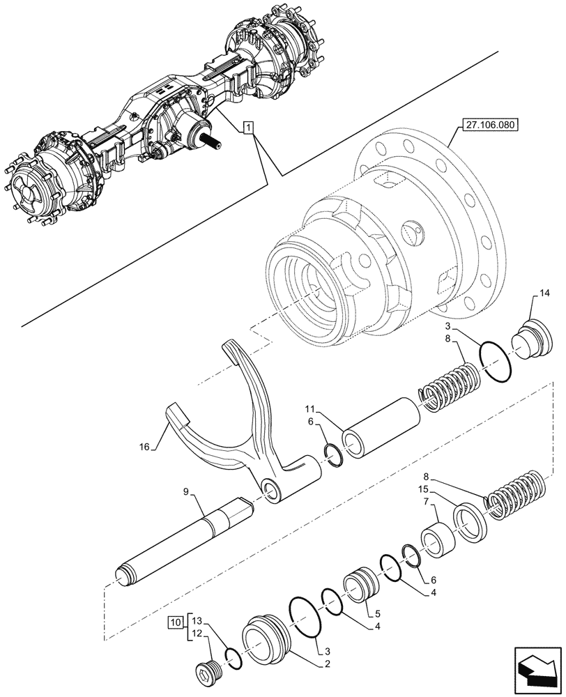 Схема запчастей Case 580SN WT - (27.106.090) - REAR AXLE, DIFFERENTIAL LOCK (27) - REAR AXLE SYSTEM