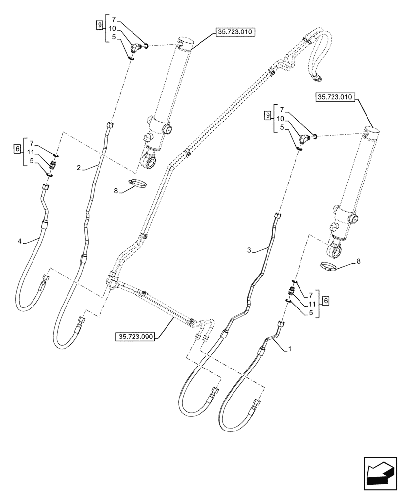 Схема запчастей Case 580N - (35.723.030) - BUCKET CYLINDER, LINE (35) - HYDRAULIC SYSTEMS