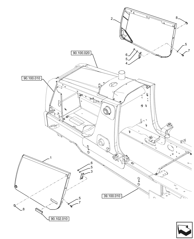 Схема запчастей Case 580SN - (90.100.030) - ENGINE HOOD, SIDE PANEL (90) - PLATFORM, CAB, BODYWORK AND DECALS